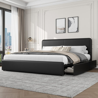 King Size Platform Bed Frame with Storage Drawers - Upholstered Faux Leather Headboard, No Box Spring Needed, Easy Assembly, Modern Bedroom Furniture