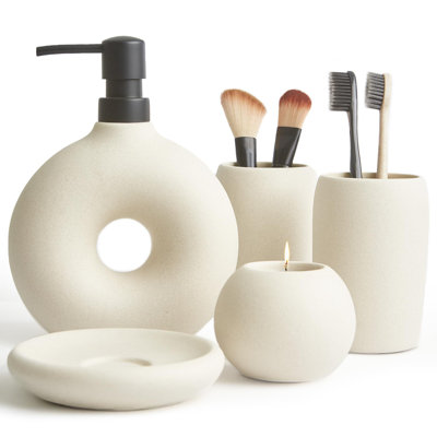 Ceramic Bathroom Accessory Set, Soap Dispenser, Toothbrush Cup, Toothbrush Holder, Soap Dish, Candle Holder,5-Piece(Beige)