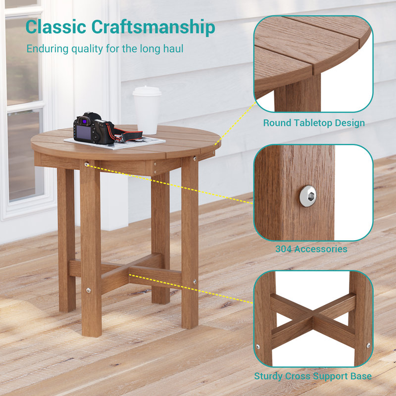 Table d'appoint ronde en bois et plastique PEHD - Table d'appoint d'extérieur durable pour patio, jardin et balcon, Teck