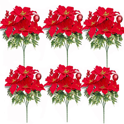 6 paquets de fleurs artificielles de Noël rouges 5 têtes de faux bouquet de poinsettias pour ornement de Noël remplisseurs de vase de table décoration de la maison