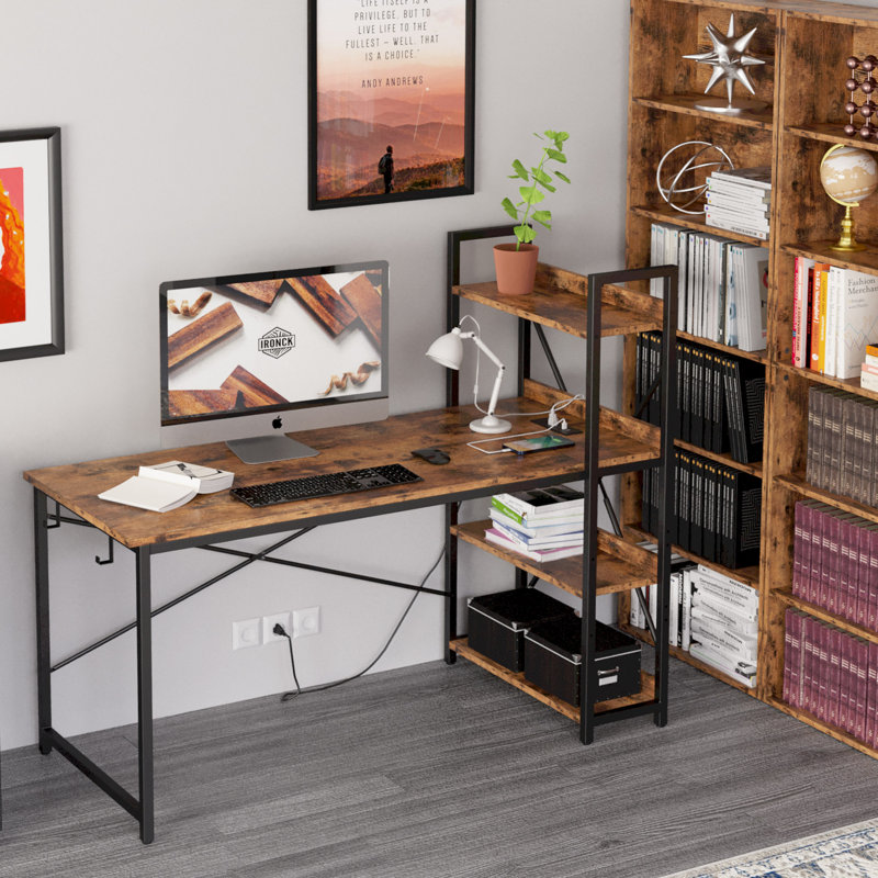 Sarahlouise Computer Desk with Power Outlet & Storage Shelves, PC Desk Workstation for Home Office, Brown/Black