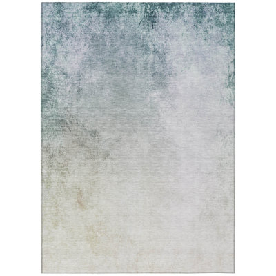 9' X 12' Beige Sky Blue And Teal Blue Ombre Washable Indoor Outdoor Area Rug