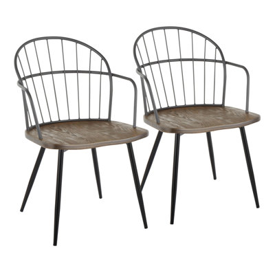 Farmhouse Arm Chair In Black Metal And Dark Walnut Wood By  - Set Of 2