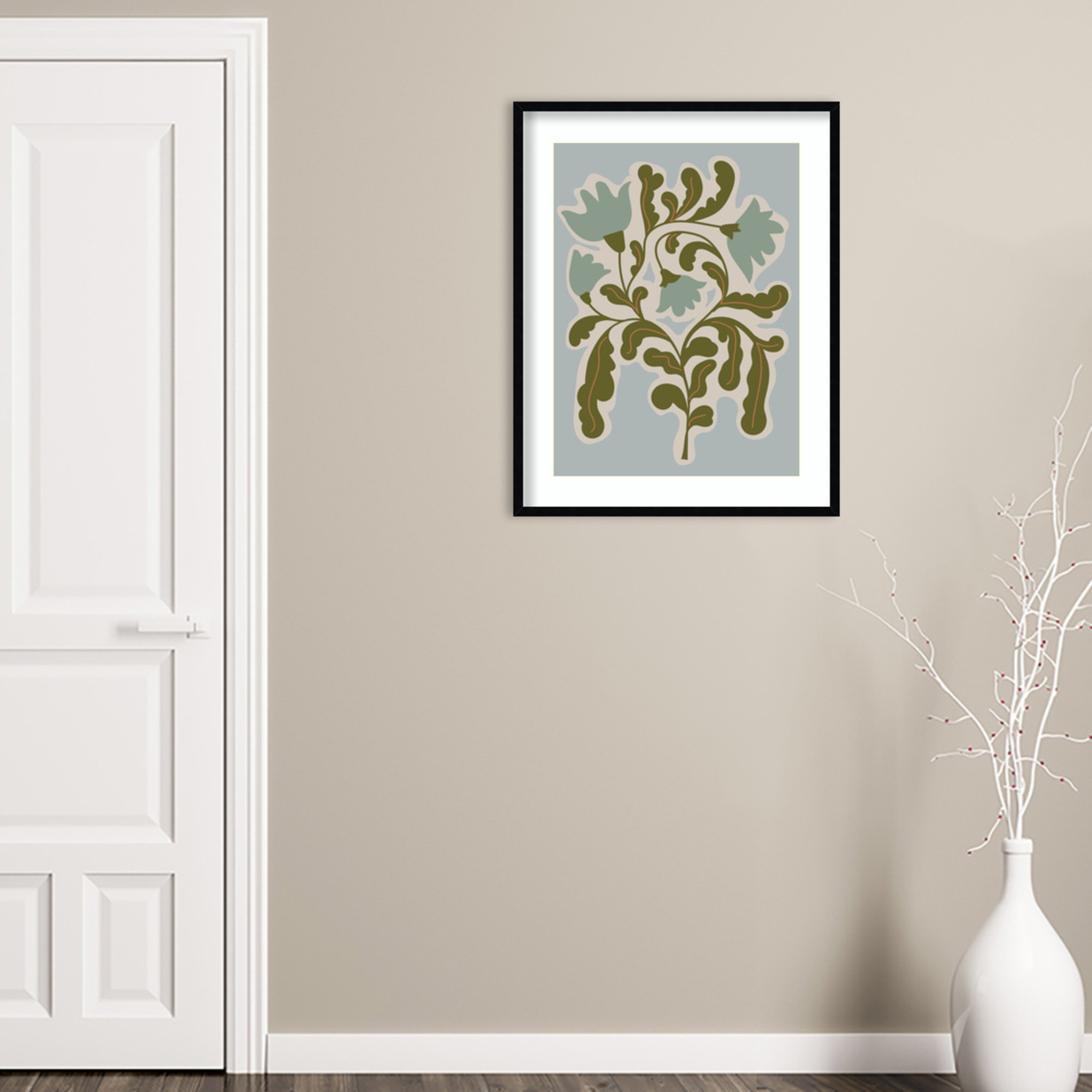 Expressive Abstract House Plant Playful Blue Framed On Paper by The Creative Bunch Studio Print, 33" H x 26" W x 1" D, Black