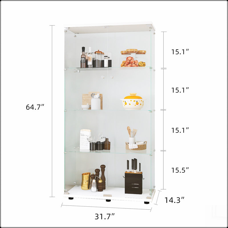 Vitrine à deux portes avec 4 tablettes vitrées et porte, Blanc