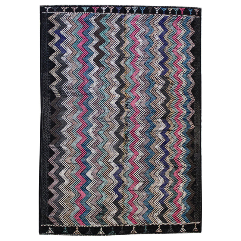 Tapis noir en laine noué à la main de conception unique 6 pi 7 po x 8 pi 11 po années 2000 Jijim