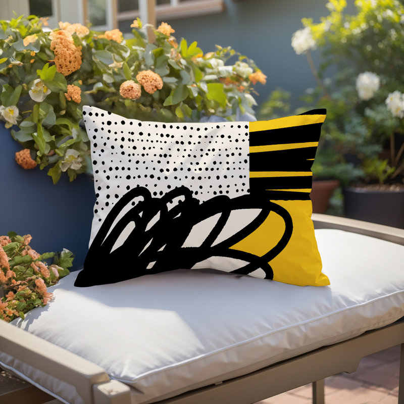 Oreiller rectangulaire réversible intérieur / extérieur Jofre, Jaune / noir / blanc cassé, H 14 po x l 20 po