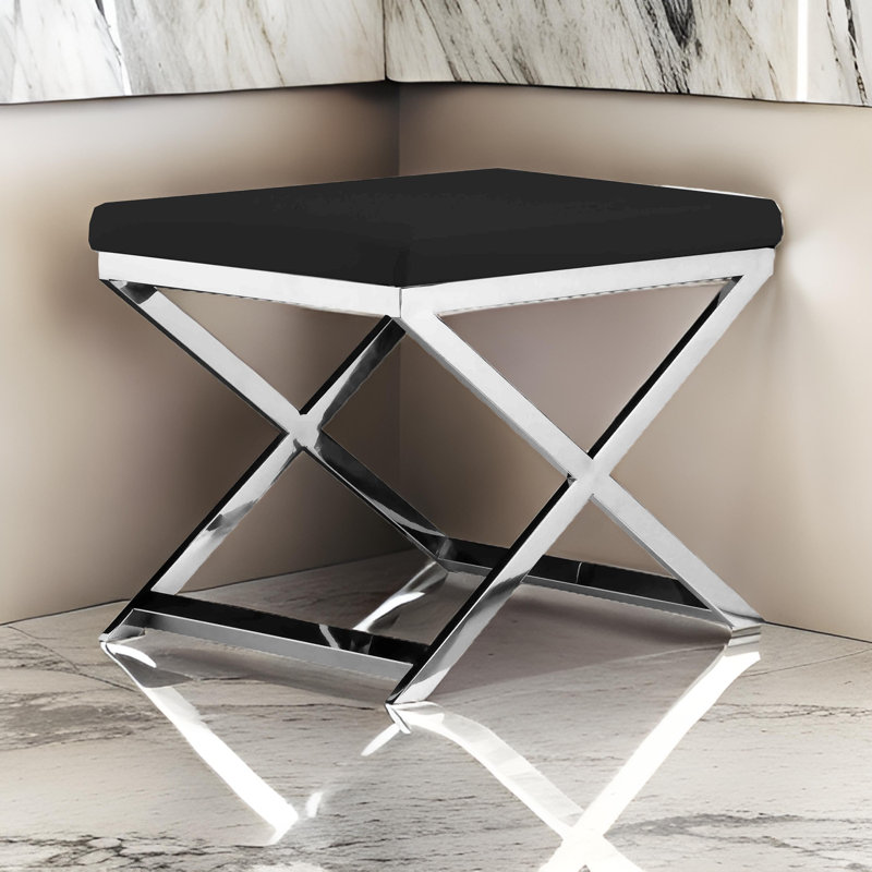 Sovi Upholstered Ottoman, Chrome, Navy Blue Velvet