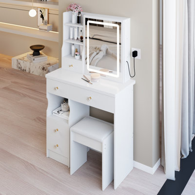 29.2" Small Size Left Drawer Desktop Vanity Table + Cushioned Stool, Large Sliding, Touch Control, Tri-Color Switching, Brightness Adjust LED Mirror, High Capacity Storage, Makeup Vanity