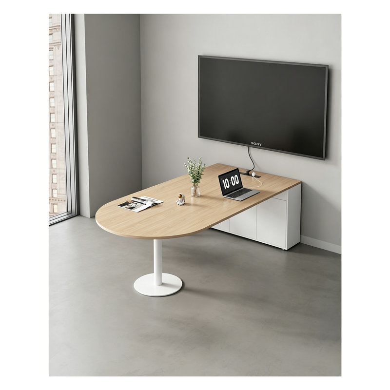 Table de conférence à bout arrondi avec armoire de rangement latérale, H 29,53 po x L 70,9 po x P 39,37 po