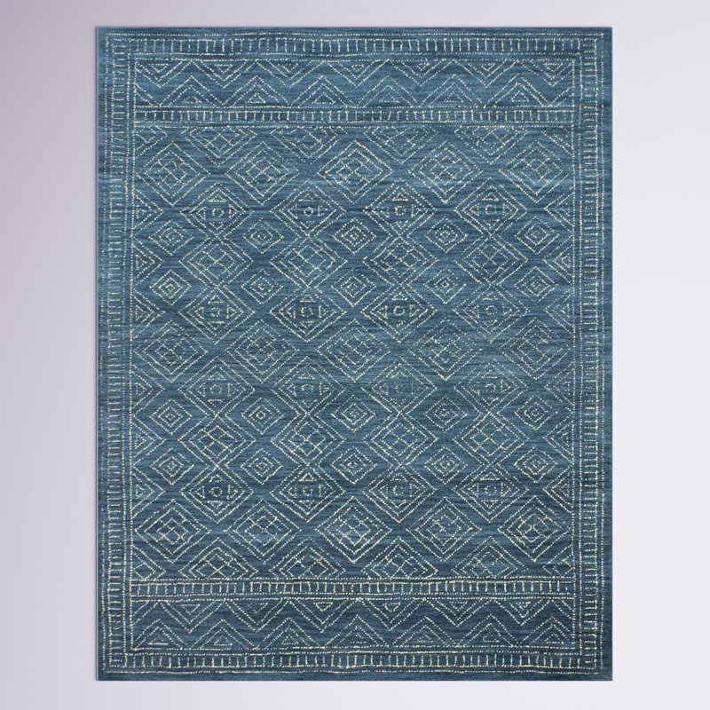 Kory Geometric Handmade Looped/Hooked Wool Azure Area Rug, Rectangle 5' x 7'6"