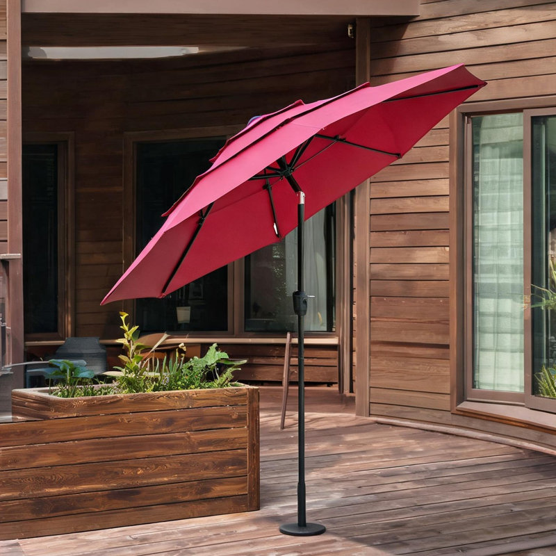 Parasol de marché à manivelle 9 pi avec inclinaison à bouton-poussoir, auvent en polyester de ton rouge, autoportant