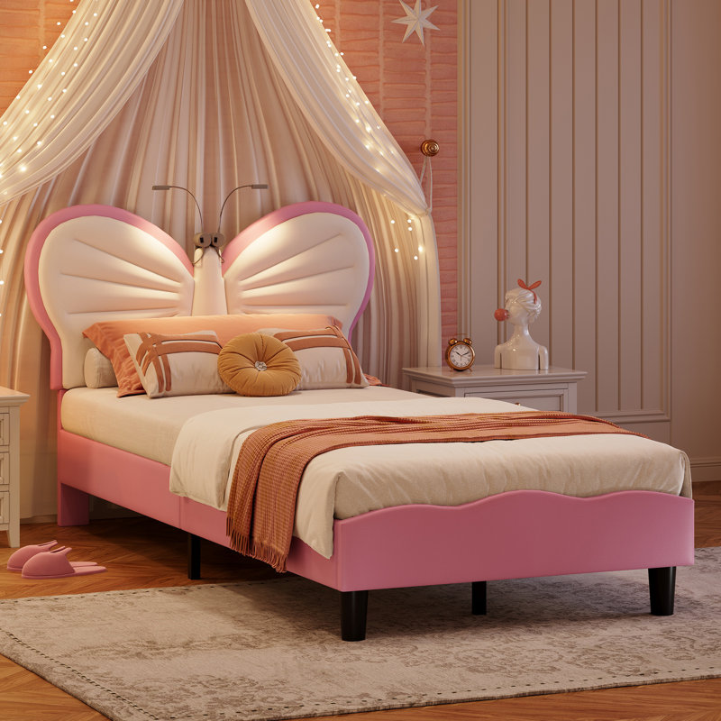 Single Children’S Bed Frame With LED Reading Lighting, Girls Bed Upholstered Platform Bed Frame With Butterfly-Shaped Adjustable Height Headboard, Easy Assembly, Blue(90×200Cm)