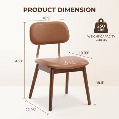 Ensemble de 2 chaises de salle à manger de style Mid-Century moderne, chaises d'appoint en similicuir brun avec dossier incurvé et détails champagne doré pour la cuisine et la salle à manger