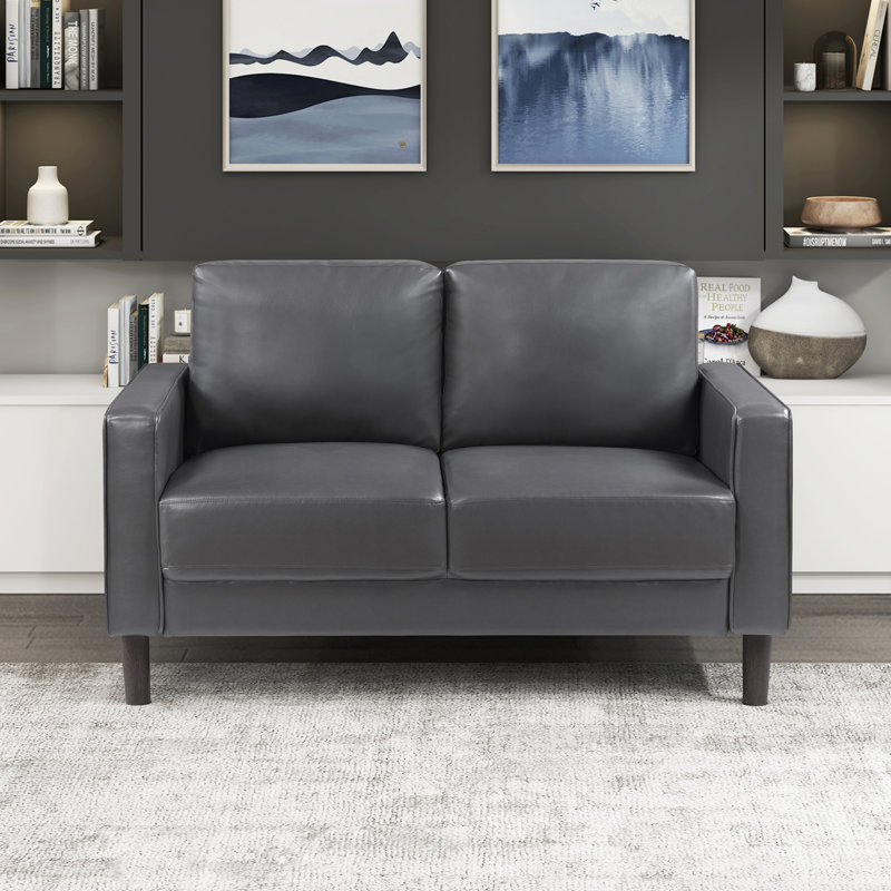 Ussery 54" Modern Loveseat with Faux Leather, Pocket Coils, Faux Wood Feet, Dark Gray