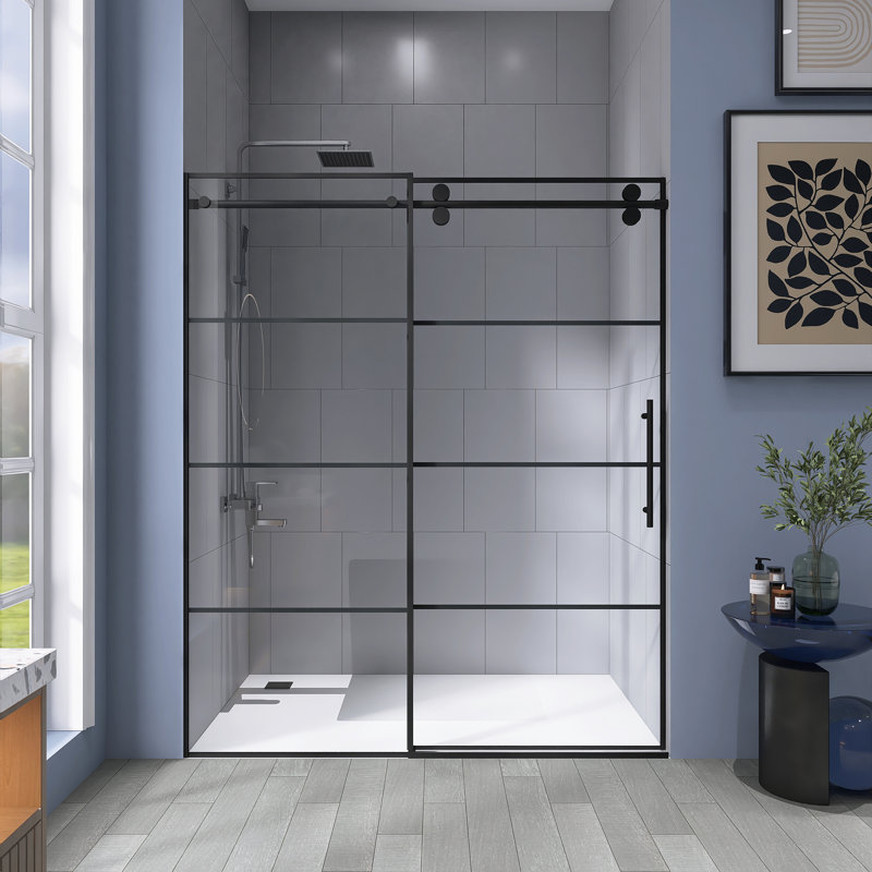 56" - 60" X 72" Framed Single Sliding Shower Door In Matte Black With 8Mm Tempered Glass