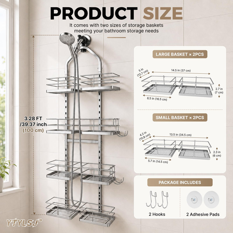 Panier de douche suspendu à 4 niveaux pour pommeau de douche à main, argenté, antidérapant, capacité de 36 kg (80 lb).