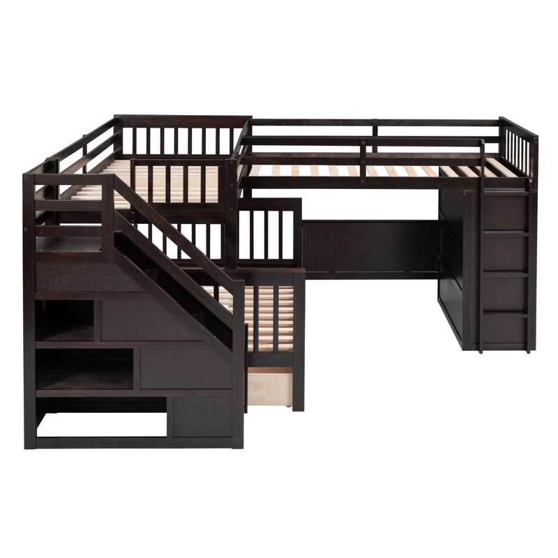 Lit superposé simple en L avec 3 tiroirs, bureau portable et garde-robe, Espresso
