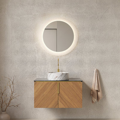 Meuble-lavabo de salle de bain 30 po Arai, armoire de rangement murale en contreplaqué avec portes doubles, comptoir en pierre frittée noire et lavabo rond en céramique blanche avec motif de pierre, grain de bois de chêne brun