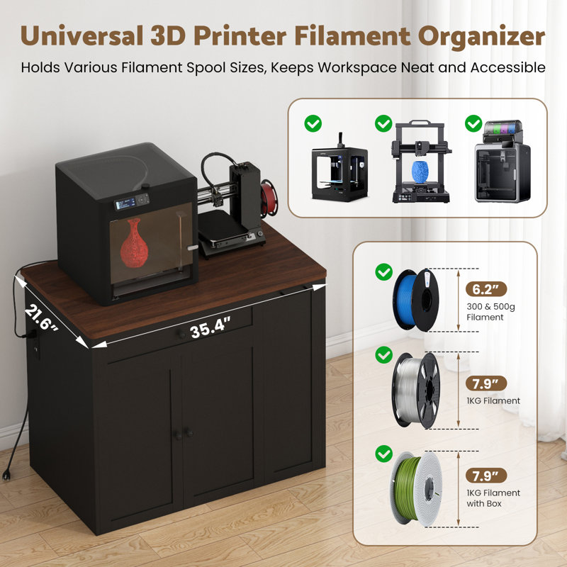 Support d'imprimante 3D en bois avec prises intégrées et rangement pour filament, table d'imprimante 3D robuste avec tablette et tiroir réglables, classeur