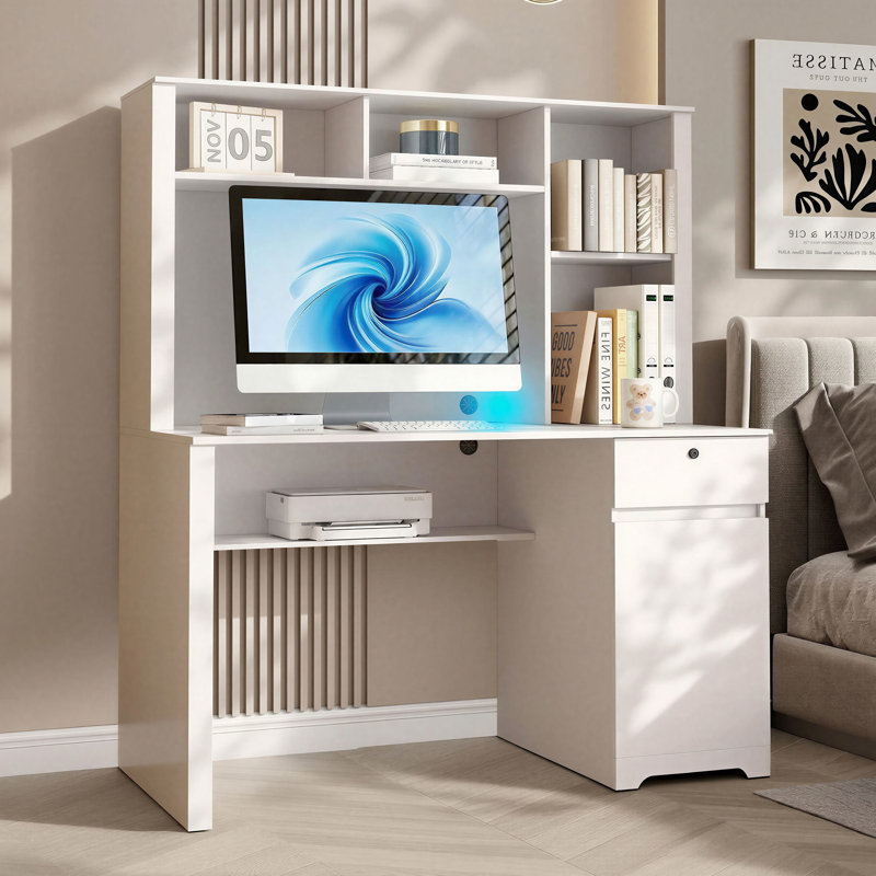 Bureau d'ordinateur 51,2 po avec huche et tiroir verrouillable, bureau à domicile avec prises de courant et ports USB, tablette et armoire pour imprimante, bureau d'étude moderne, blanc et noir
