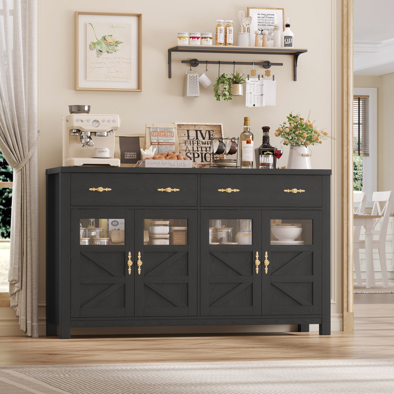 Almus 55'' Sideboard with 4 Glass Doors, 2 Large Drawers and Adjustable Shelves, Black