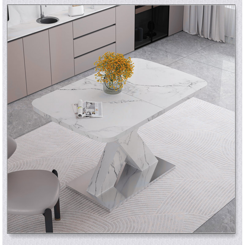 Modern Square Dining Table, Stretchable, with MDF X-Shape Table Leg, 30.12"H x 47.24"L x 31.5"W, White, White