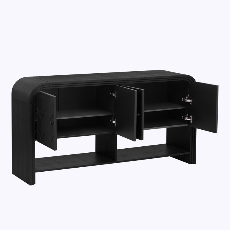 Console polyvalente avec lattes en bois tissé et placage en bois massif, Noir