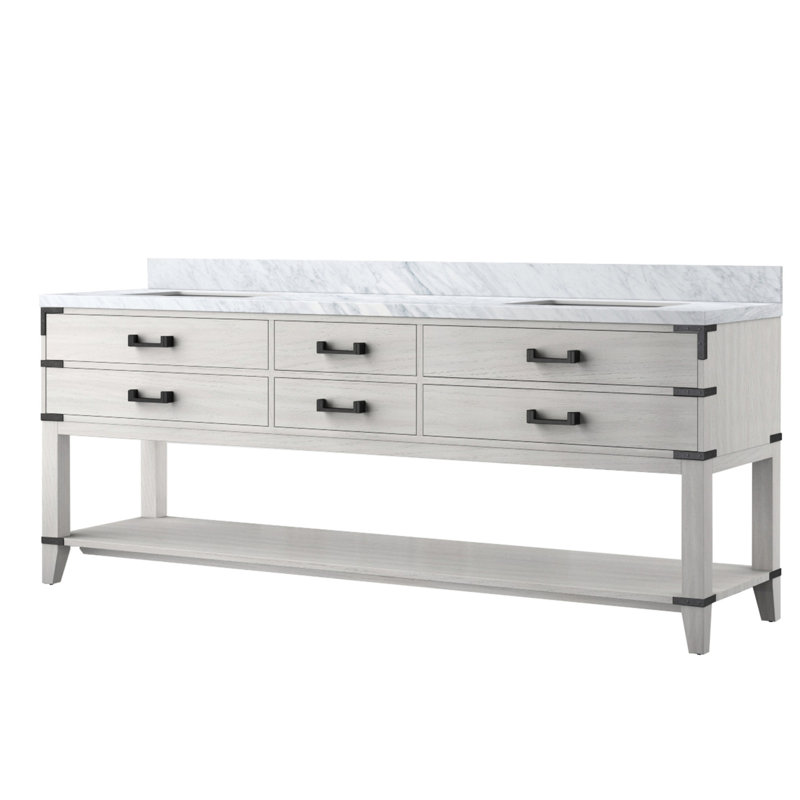 Meuble-lavabo double en chêne blanc 84 po X 22 - Plateau en marbre, bois massif, fermeture en douceur, 4 tiroirs et armoire ouverte pour une salle de bain paisible avec comptoir et confortable