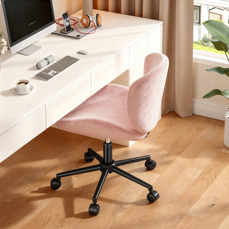 Armless Swivel Office Chair With U-Curve Ergonomic Seat And Silent Wheels, Pink