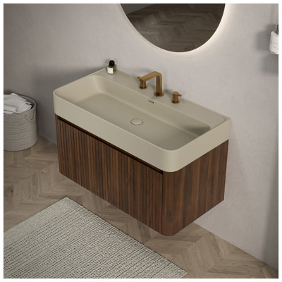 Meuble-lavabo suspendu LORAN 24 po avec lavabo intégré en surface solide, lavabo beige crème chaude, armoire en contreplaqué de chêne Corolla, style scandinave moderne, démonté (robinet et drain non inclus)