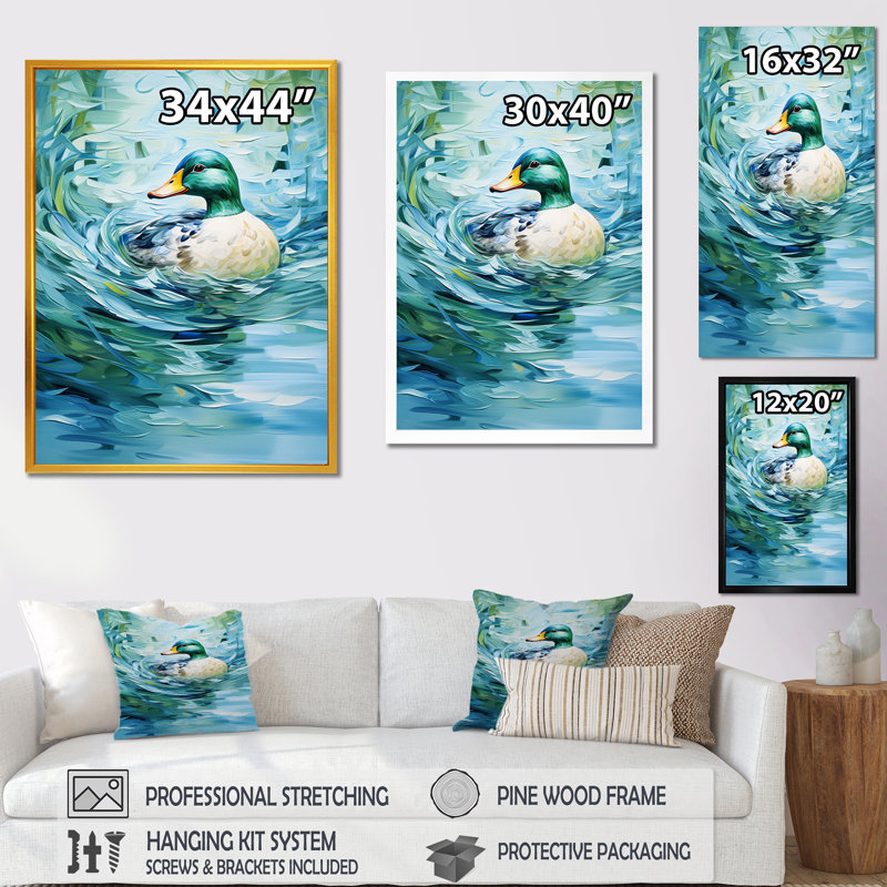 «Duck Abstract Ripples II», art mural canard, Cadre simple blanc, H 32 po x l 16 po x P 1 po