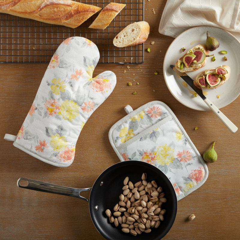 Amber Floral Cotton Oven Mitt and Pot Holder Set with Silicone Grip