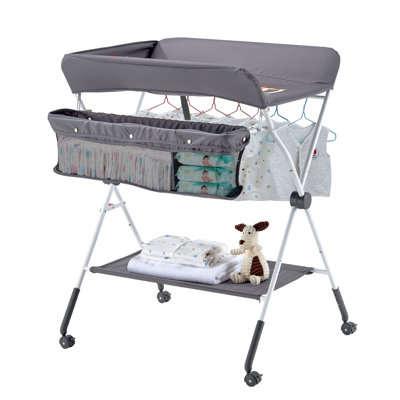 Table à langer pliable pour bébé avec panier latéral et roulettes gris foncé