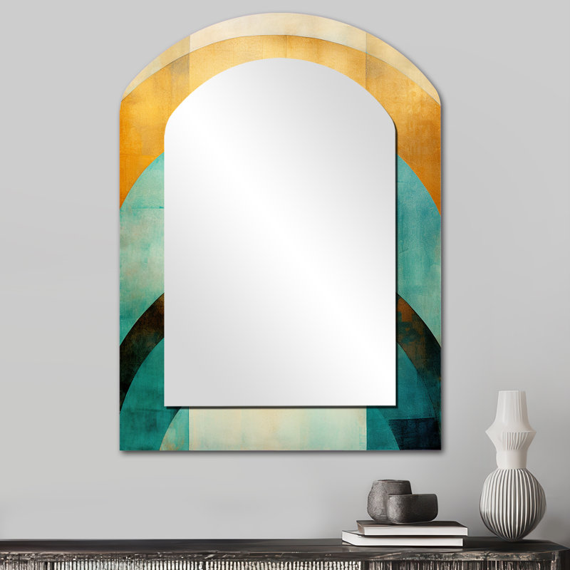 Emerald And Golden Arches III - Abstract Shapes Asymmetrical Mirror, Gold Arch Unique Wall Mirror, Printed Metal Art