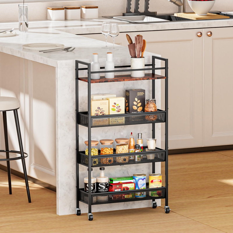 4 Tier Slim Storage Cart, 5.9In Slim Kitchen Cart On Wheels For Small Space, Narrow Rolling Cart With Wooden Top Metal Handle And Wire Mesh
