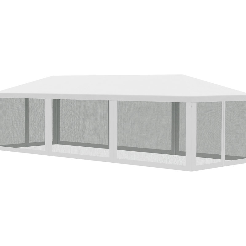 Tente d'auvent blanche 10 'x 28', abri de fête extérieur avec 8 parois latérales en maille, portes à fermeture à glissière, cadre en acier pour de multiples occasions