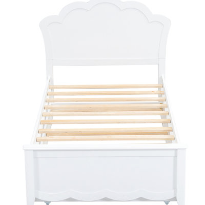 Twin Size Wood Platform Bed With Headboard And Attractive Trundle Area, White Practical Trundle,