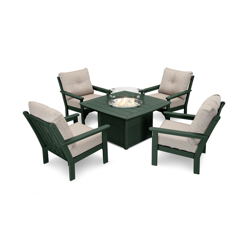 Vineyard 5-Piece Conversation Set with Fire Pit Table, Cast Ash, Green