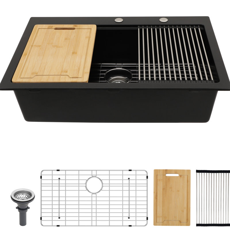 Évier de cuisine encastré en quartz noir 33 po x 22 po, pierre épaisse pour réduire le bruit, surface dure et non poreuse, le paquet inclut les goujons d'installation, la surface lisse et vibrante réduit