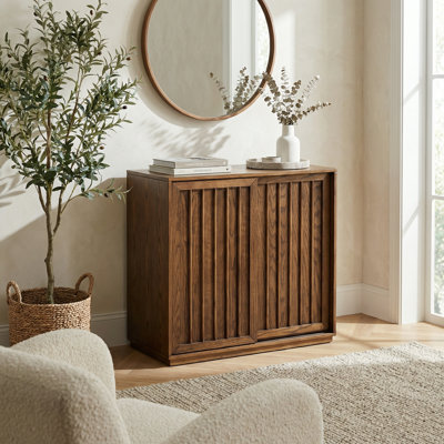 Vintage-Inspired Sideboard with Sliding Doors and Solid Wood Accents, Versatile Storage Cabinet for Living Room, Dining, and Entryway Applications