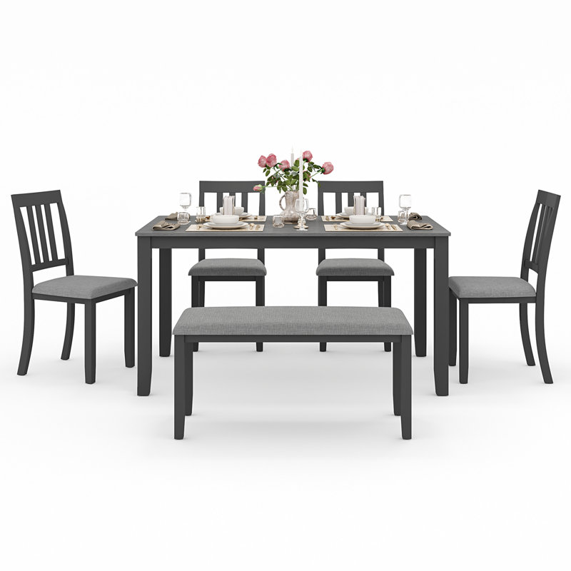 6 - Person Solid Wood Upholstered Dining Set, Black/Gray, 6 Pieces