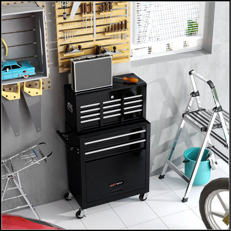 Coffre à outils roulant à grande capacité avec roulettes et tiroirs, armoire de rangement pour outils à 8 tiroirs, Noir