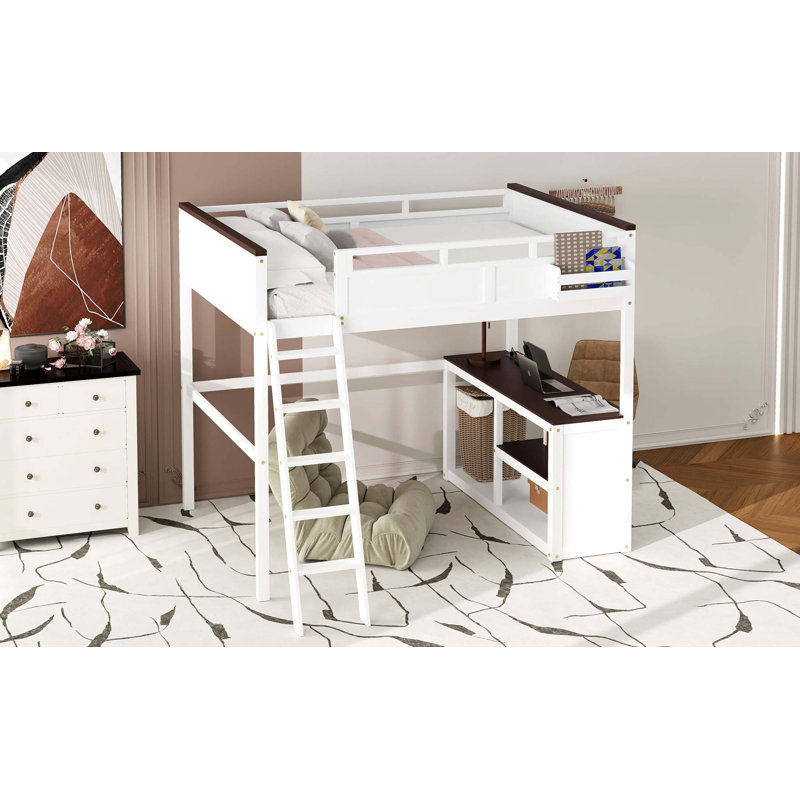 Grand lit mezzanine avec bureau, tablette ouverte et boîte de rangement, station de charge USB
