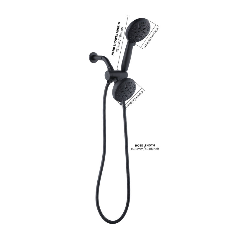 Pomme de douche pivotante double à 6 jets et ensemble portatif avec finition noire mate résistante aux fuites, 1,8 gal / min