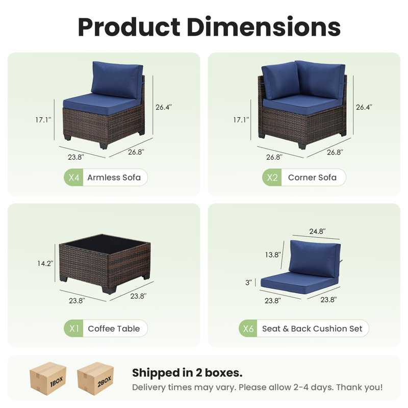 Ensemble de conversation modulaire en osier pour 6 personnes avec coussins, Brun, Marine