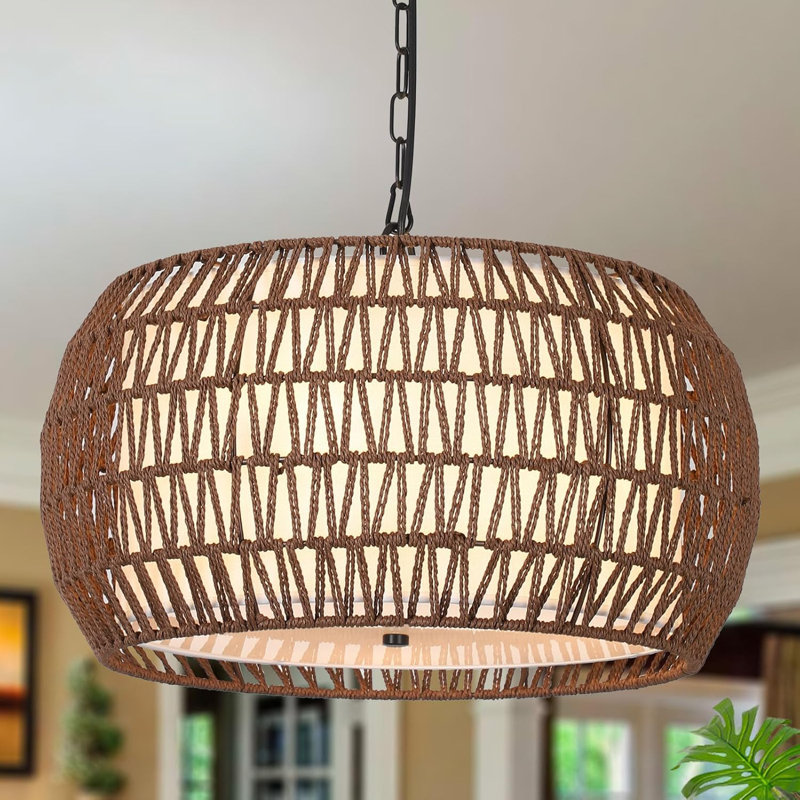 Grand lustre en rotin Boho avec abat-jour en tissu, éclairage suspendu 5 lumières pour la salle à manger, îlot de cuisine