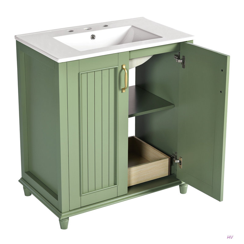 Meuble-lavabo de 30 po avec lavabo en céramique, ensemble de meuble-lavabo autoportant avec tiroir caché, armoire de rangement pour la salle de bain