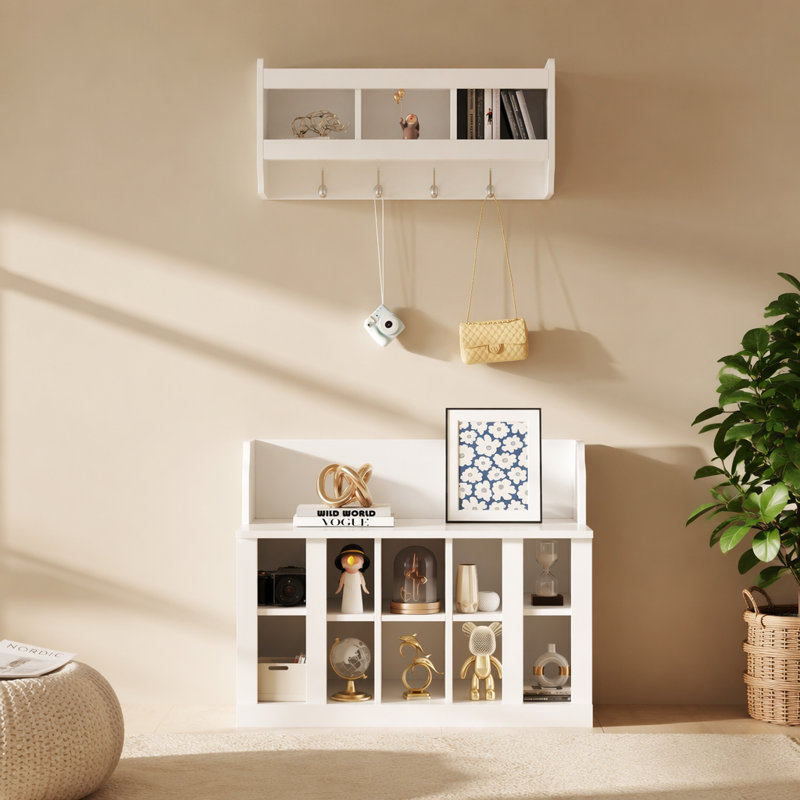Banc de rangement polyvalent pour chaussures avec crochets et tablettes pour les vestibules, Blanc