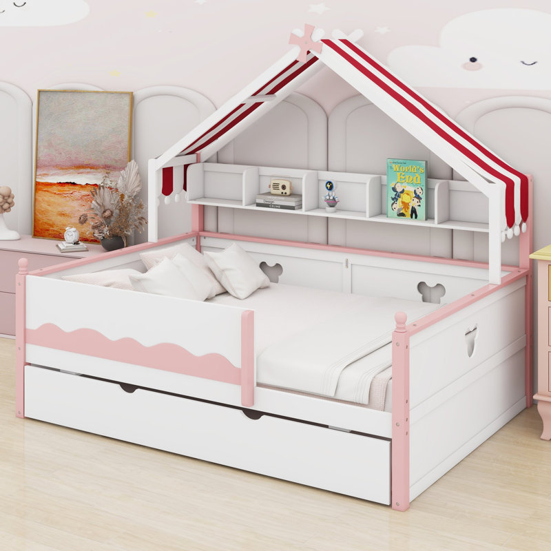 Lit de jour avec tablettes et lit gigogne en forme de maison, Lit double, White+Pink